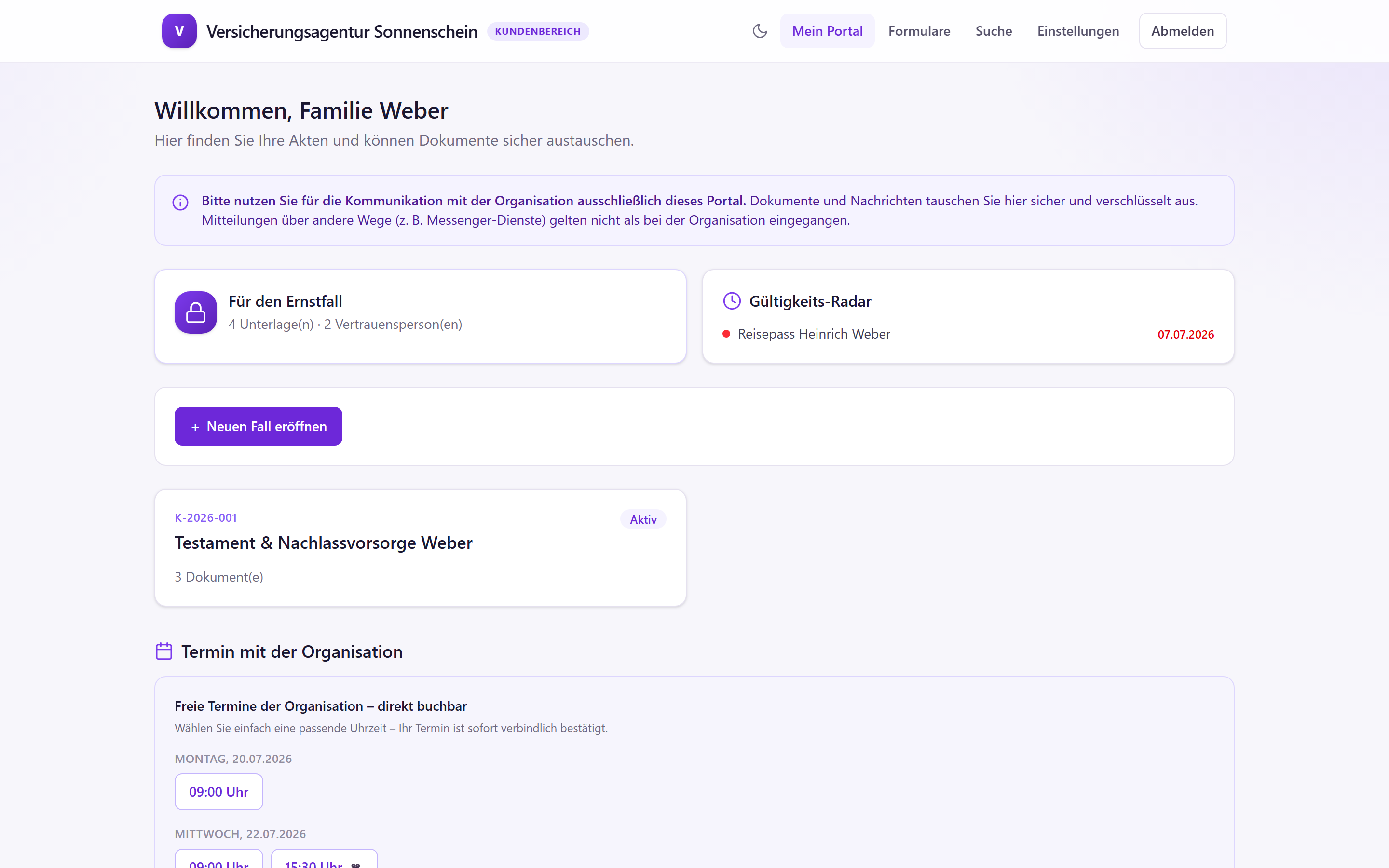 portalfox Kundenportal – Beispielansicht